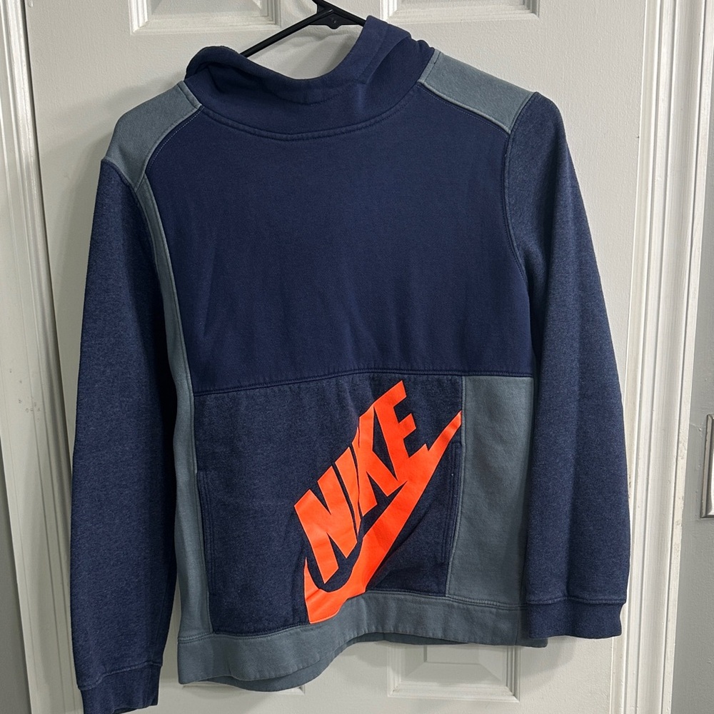 Nike Kids' Blue and Gray Hoodie with Orange Logo